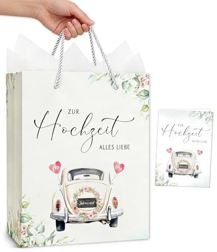 Geschenktüte Hochzeit, Geschenktasche mit Hochzeitskarte, Wedding Gift Bag | Geschenkverpackung Papiertüten mit Henkel und Geschenkpapier, Hochzeitsgeschenke für Brautpaar - ZUR Hochzeit ALLES LIEBE