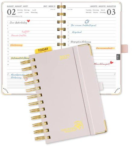 POPRUN Kalender 2027 Taschenkalender A6 1 Tag 1 Seite mit Hardcover | 12-Monate-Terminplaner(Jan.2027-Dez.2027), Spiralbuch Tageskalender, 80 GSM Papier, für Büro & Studium(Hellrosa)