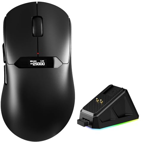 MAGIC-REFINER R1 Souris Gamer sans Fil avec Station de Charge Magnétique RGB, Capteur Gaming PixArt PAW3311, 25000 DPI, Souris BT/2.4G sans Fil/Filaires, Écran Numérique, Pilote Web pour PC/Mac-Noir