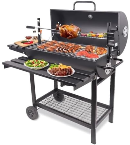 Parrilla de carbón para exteriores con asador, mesa auxiliar y ruedas – Barbacoa de jardín de lujo, juego multifuncional desmontable para barbacoa