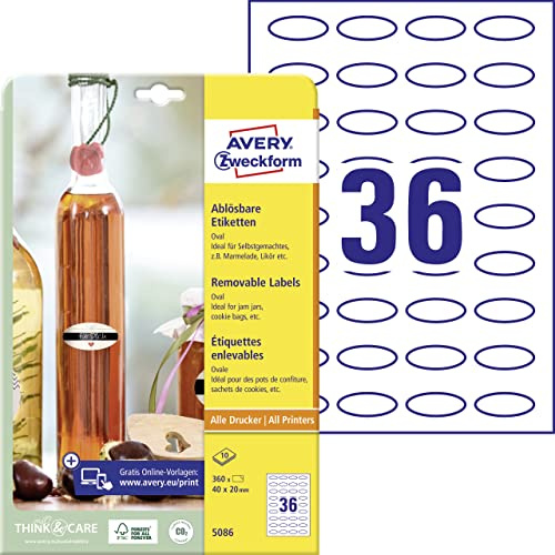 AVERY Zweckform Art. 5086 Lot de 360 étiquettes autocollantes (40 x 20 mm, ovales, idéales pour les bocaux de conserve, pots à épices, bouteilles de liqueur, faites maison dans la cuisine, blanc