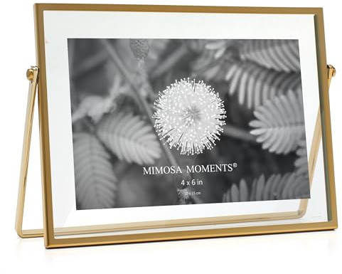 MIMOSA MOMENTS 4x6 Brass Metal Floating Picture Frame, Horizontal Double Glass Tabletop Display, Modern Minimalist Photo Frame for Home & Office Decor