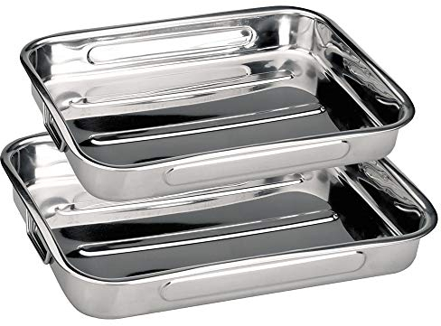 MGE - 2x Rustidera de Horno de Acero Inoxidable - Bandeja de Horno Universal - Bandeja para Asar - Bandejas para Hornear - Fuentes de Horno Universal - Fuentes para Asar - Set de 2