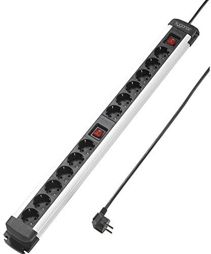 sygonix SY-4538268 Ciabatta elettrica con interruttore, 12 prese, colore nero, argento, contatto di protezione, 1 pezzo