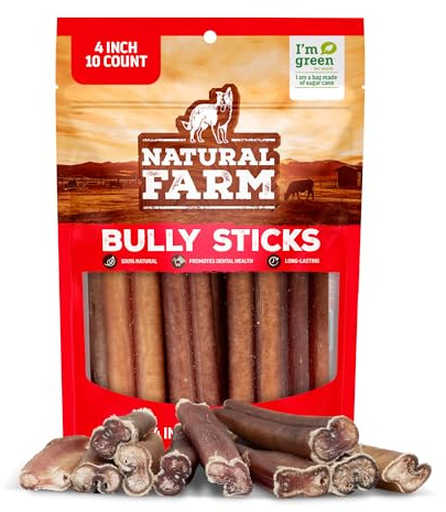 Natural Farm Odor Free Bully Sticks (4 Inch, 10 Pack) for Small & Medium Dogs - 100% Beef Chews for Pups, Non-GMO, Grain-Free, Fully Digestible Long Lasting Dog Treats