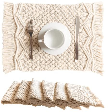 SnugLife Macrame Placemats Set of 6 - Handmade Cotton Woven Boho Placemats - Modern Farmhouse Fringe Placemats for Dining Table, Kitchen, Bohemian Wedding Décor, Rustic Natural Off White, 12”x20”