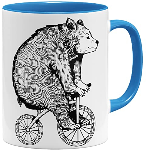 OM3® Radsport - Bär mit Fahrrad Tasse | Keramik Becher | 325ml | Beidseitig Bedruckt | Hellblau