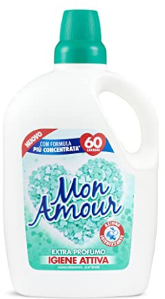 MON AMOUR - Ammorbidente Lavatrice Igiene Attiva, Formula Igienizzante più Concentrata più Profumo e Lavaggi, Biancheria e Bucato Morbido e Fresco, Dermatologicamente Testato, 1 Flacone 3L(60 Lavaggi)