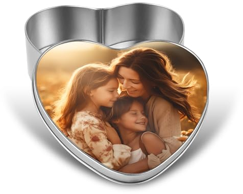 Print Maniacs Metal Tin Storage Jar Heart Personalised Jewelry Sweets Decorative Keepsake Memories Gift Box For Her Mum Grandma Auntie Any Image Photo (Heart S - 7.5cm x 8cm x 4cm)