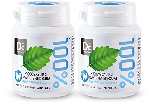 DC24 DAILY CARE 100% Xylit Kaugummi Pfefferminze, zuckerfrei & vegan ohne Titandioxid ohne Aspartam, 2 x 60 Stk Dose, BigPack mit 120 Kaugummis