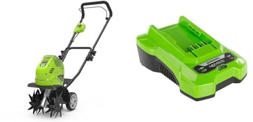 Greenworks Motozappa a batteria G40TL, Li-Ion 40V con 4 lame appositamente temprate profondità di lavoro 20 cm & Caricabatteria rapido G40C