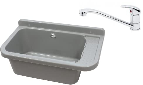 Waschbecken Ausgussbecken mit Armatur 59 cm x 34 cm x 21 cm Spülbecken Waschtrog mit Überlauf Waschbecken für Gewerbe Waschraum Garten inkl. Ablaufgranitur