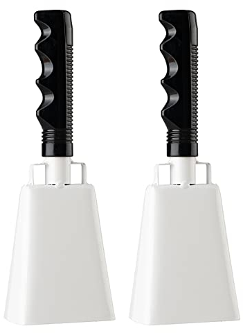 Musfunny Stahl Kuhglocke mit Griff, 2 Stück Metall Kuh Glocken 8 Zoll Groß Jubelnde Handglocke für Fußball Spiele Sportveranstaltungen Party Farm Musikinstrument (Weiß)