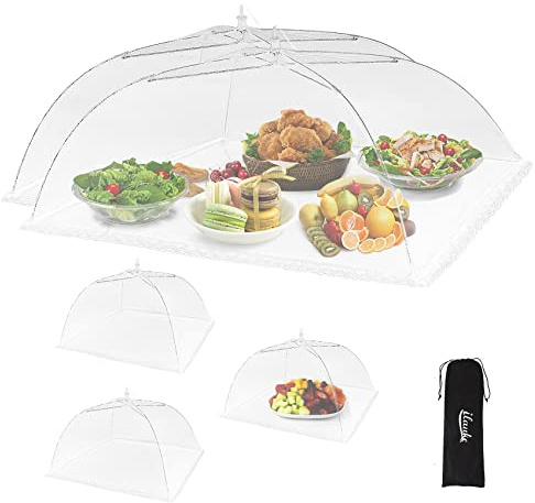 ilauke Grande Cubierta de Malla Plegable para Alimentos, 5 Cubierta de Comida Plegable Reutilizables con Bolsa de Almacenamiento, para Tartas, Frutas, Barbacoa, Fiesta,Buffet,Picnic,Camping,Blanco