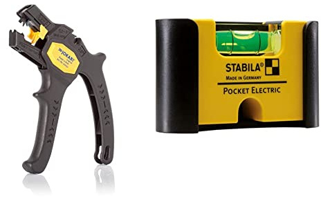 JOKARI 20050 Abisolierzange Super 4 plus, Schwarz, 1 Stück & STABILA Mini-Wasserwaage Pocket Electric mit Gürtel-Clip, 7 cm, starker Seltenerd-Magnet, 1 Horizontal-Libelle, Made in Germany, Gelb