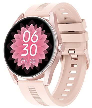 LUNIQUESHOP LSTIME - Damklocka med Bluetooth-samtal, röstassistent, smartwatch, spänning, puls, sömn, stegräknare, musik, smart fitnessarmband, vattentät, iOS/Android, pink, M, Modern