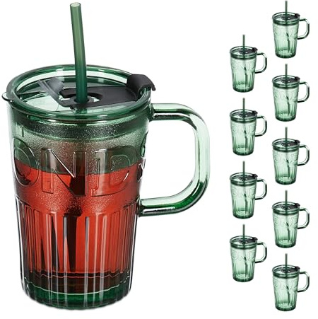 Relaxdays Trinkgläser 10er Set, Getränkebecher mit Deckel & Strohhalm, Smoothiebecher 450 ml, Saftglas Henkel, Farbwahl | Smoothiebecher 450 ml, Saftglas Henkel