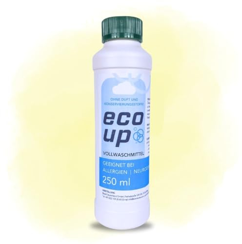 ecoUp Detergente líquido ecológico Sensitive, 250 ml, para bebés alérgicos, piel sensible, neurodermatitis psoriasis, sin fragancias, 10 lavados, 30-90 °C, prueba dermatológica muy buena