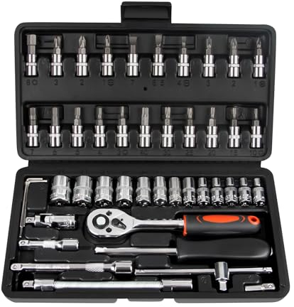 LLNEDL 1/4 Zoll Steckschlüsselsatz, 46 teilig Steckschlüssel Bit Set Metrisches mit Flexiblen Verlängerungsstangen, Schnellspann Umschaltknarre -für die Reparatur zu Hause und DIY