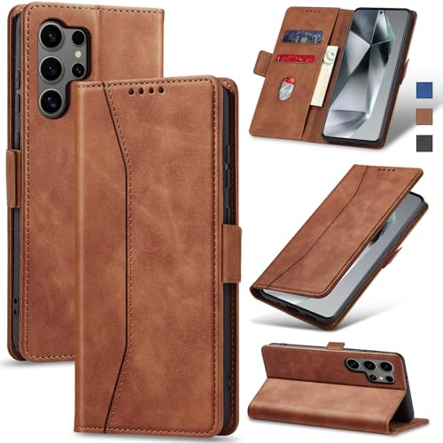Jasonyu Skal för Samsung Galaxy S24 Ultra,Läder Vikbart Skyddande Fodral [Hölster, Magnetisk, kortfack, stativfunktion] Wallet Leather Case Cover för Samsung S24 Ultra (Braun)