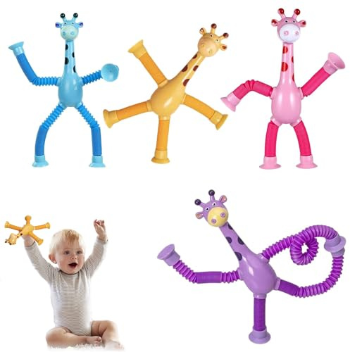 4 Stück Teleskop Saugnapf Giraffen Spielzeug,Giraffen Teleskopspielzeug,Giraffe Pop Röhren Sensorik Spielzeug,Sensorik Giraffenspielzeug,Teleskop giraffenspielzeug,Lustiges Pädagogisches Spielzeug