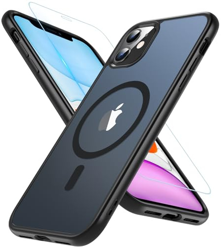 Hensinple Magnetisch für iPhone 11 Hülle mit Panzer Schutz Glas, Militärischer Stoßfest Handyhülle Kompatibel mit MagSafe Transluzente Matte Case für iPhone 11 6.1 Zoll (Schwarz)