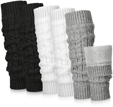 Chuarry 3 Pairs Winter Fleece Lined Leg Warmer for Women Skating Leg Warmer Long Boot Socks for Women Skating Every Day Wear (Cable Knit Pattern, Black, Gray, White)