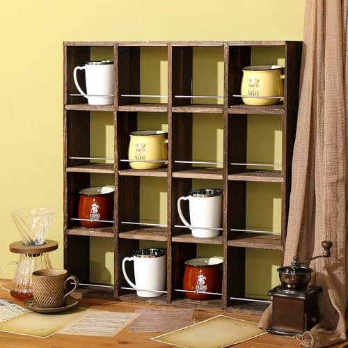 Kigley Oversize Coffee Mug Display Rack 16 Slot Wooden Wall Mounted Curio Shadow Box Shelf Cup Floating Shelves Display Organizer Rustic Vintage Home Decor, 4 x 4(Deep Brown)