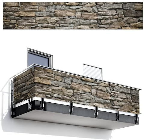 MuchoWow© Balkon Sichtschutz Einseitig Groß Terrassen Gartenzaun | 100x500 cm - Balkonfächer ohne bohren Wetterfest für Zaun Terrasse Balkonbespannung Seitenschutz Steine - Steinoptik - Grau