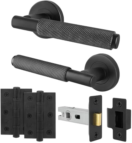 EAI Black Door Handle Latch Set | Round Knurled Door Handles, Latch (66mm), Hinges (76mm) | Matt Black Lever On Rose | Dolton Range