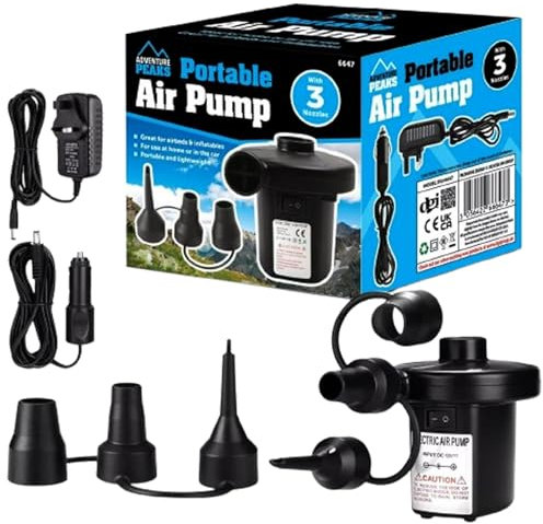 ADVENTURE PEAKS Electric Air Pump For Inflatables - Portable Airbed Pump with Fast Inflation & Deflation - Electric Inflatable Pump with 3 Nozzles and 2 Chargers - Pool, Air Bed, Camping Essentials