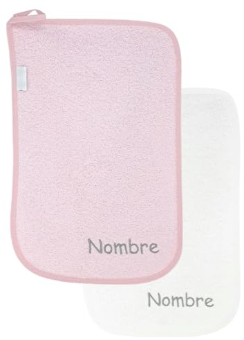 Mababyshop - Toallas Guarderia Personalizadas con Colgador, Toallas Mano, Culito y Cara bebé, Toalla pequeña Infantil - Rizo algodón Pack 2X-Mini Toallas bebé - (Rosa+Blanca)