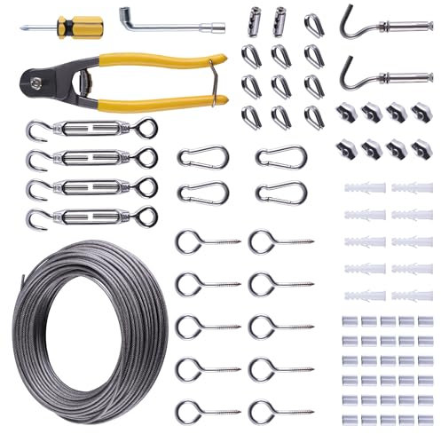 GIVIHGETI Stahlseil Kit, 35 m Verdickt 3 mm Edelstahl Drahtseil Rankhilfe Set, Spanndraht Seilspanner Spannschloss 304 Edelstahl Kit für Kletterpflanzen, Gardinenseil, Zaun, Hangen