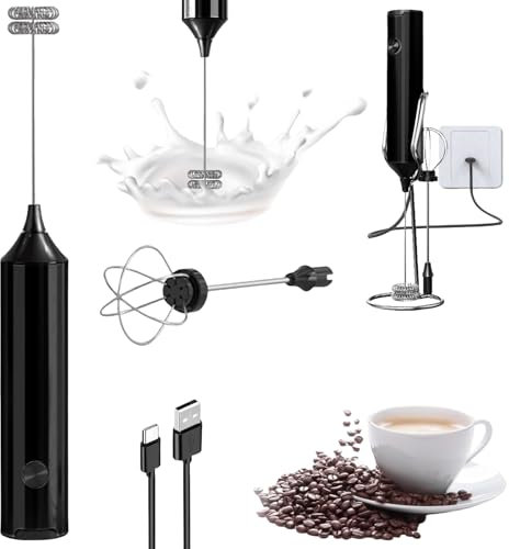 Milchaufschäumer Stab Wiederaufladbar mit 3 Geschwindigkeiten, Elektrisch Milchaufschäumer Stab, Hand Held Milchschäumer für Heiße Schokolade Kaffee Latte Matcha Cappuccino Eier Schlagen (Schwarz)