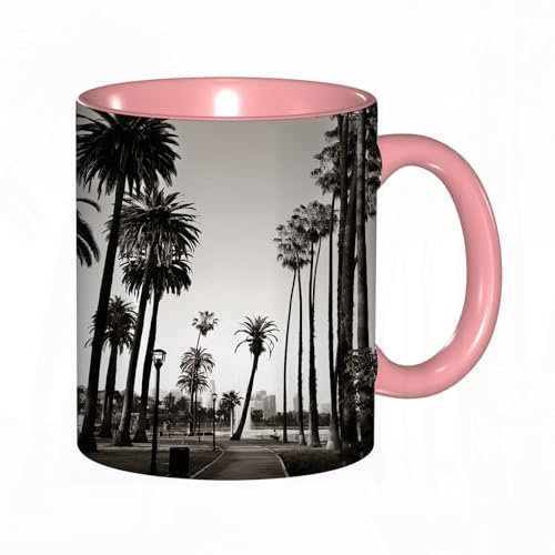 EKLMPS Becher aus Keramik, Ideal als Geschenk, Hochwertiger Aufdruck, Tasse mit Motiv, Tee Becher, Coffee Cup, 330ml,Palme, Los Angeles Downtown Park View tropische Natur Kalifornien amerikanisch