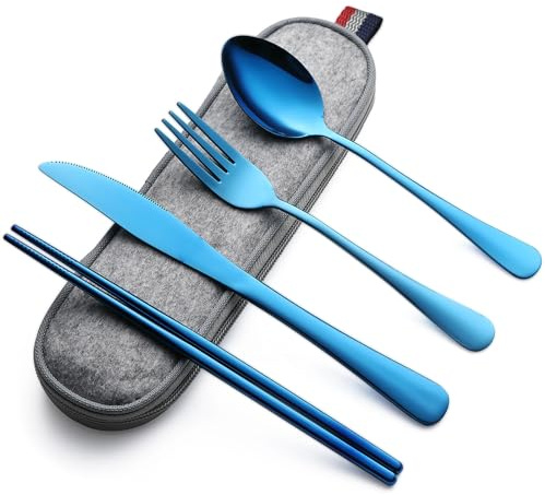 DEVICO Camping Besteck, 5-Teilig Edelstahl Outdoor Reisebesteck mit Etui | Campingbesteck 1 Person für Unterwegs/Reise/Arbeit/Schule/Reise Gadgets, Wanderbesteck umweltfreundlich, Geschenk, Blau