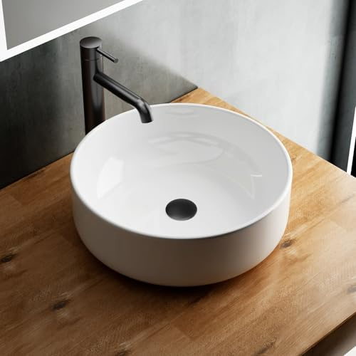 Alpenberger Aufsatzwaschbecken Rund | Kleines Waschbecken Ø 41 cm - 14 cm Höhe | Waschschale für Bad und Gäste WC | Handwaschbecken Weiß | Waschschüssel ohne Hahnloch