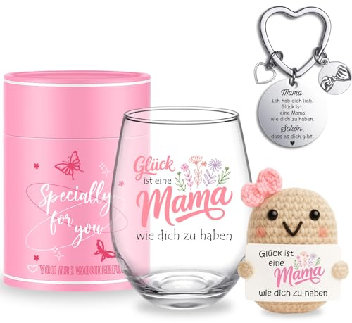 Tixlux Geschenk für Mama,Weingläser Geburtstagsgeschenk für Mutter, Muttertagsgeschenk, Glück ist eine Mama wie dich zu haben Geschenkset, liebevolles Geschenk für Mutter, Ehefrau, Oma, Frauen