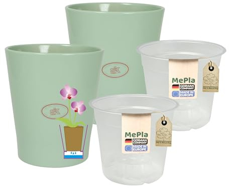 MePla - 2 Stück - SK Soendgen Orchideenübertopf Merina ø 14 Selando grün + Pflanztopf Orchidee ø 12, hochwertiges Wohnambiente