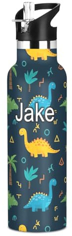 Botella de agua personalizada para niños con pajilla, para la escuela, a prueba de fugas, para niños y niñas, 20 onzas, sin BPA, coloridos dinosaurios de dibujos animados, color verde