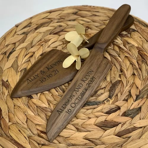 MEIEG Personalisiertes Torten-Servierset Aus Holz, Tortenmesser Und Server-Set Aus Holz Mit Gravur, Individuelles Tortenschneidegeschenk for Hochzeit, Verlobung & Jahrestag