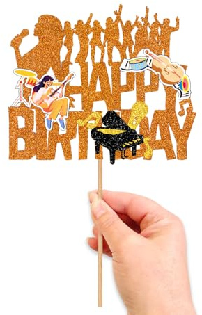 Music Singer Theme Orange Happy Birthday Cake Topper Microphone Piano Party Decoration for Birthday Party Decorations Pop Music Theme Party Baby Shower Supplies