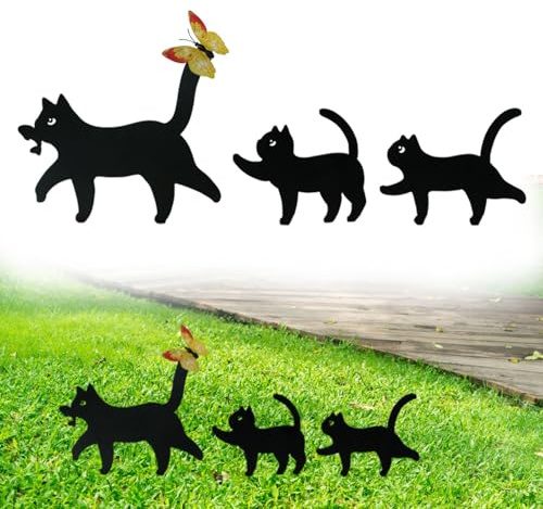 3 Stück Metall Katze Gartenstecker, Katze Rasen Garten Dekoration | Mit Schmetterling, Schwarze Silhouetten-Statuen, Für Hof Garten, Rasen, Outdoor-Dekoration. Geschenk Für Katzenliebhaber