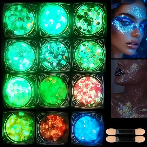 Festival Glitzer Gesicht 12 Farben,Fluoreszierendes Chunky Sequin Body Glitter Festival Zubehör Accessoires Gadget,für Nagelkunst und Körper,Haare,Schminke Karneval Körperglitzer