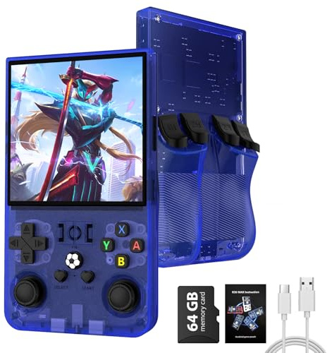 R36MAX Retro Handheld Game Console, 4.0 Inch IPS Screen, 64GB Memory, Portable Arcade Video Gaming Console Gift for Adults, Lake Blue