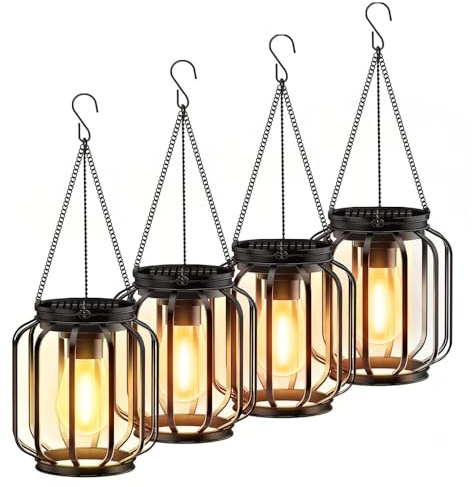 BUCASA Farolillos Solares Exterior Colgantes, 4 Piezas Luz Solar Exterior Jardin con Bombilla LED, Impermeable Metal Lampara Solar Exteriors para Césped Balcón Patio Jardín (Columna negra, 4)