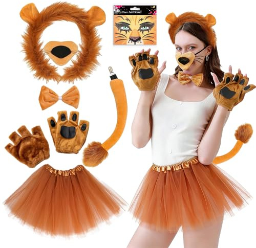 Djurdräkt dam, karneval, djurkostym, vuxna med brun, tyllkjol, damer, leopardöron, diadem, svansar, fluga, ansiktsstöd, djurkostym, damer, barn, karneval, maskerad, temafest, kostym