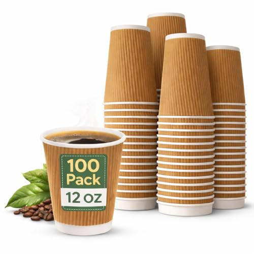 EarthDine 100 x Kraft 12 Ounce Ripple 3 Ply Disposable Insulated Paper Cups for Tea Coffee Cappuccino Hot Drinks, Brown
