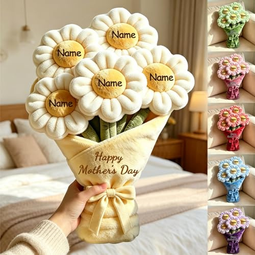 Cojín de peluche personalizado con impresión plana 2D de margaritas para sofá, dormitorio, sala de estar, personalizable, con 1 – 10 nombres, día de la madre