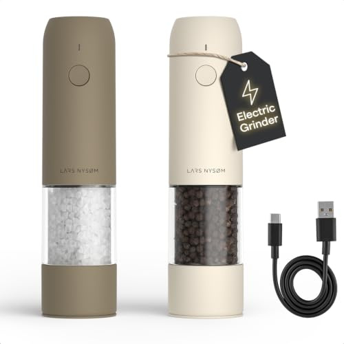 LARS NYSØM Moulin à Sel et Poivre Électrique Lot de 2, Rechargeable USB-C, Moulin à Épices Automatique, Mouture Réglable, Broyeur Céramique, Lumière LED, Remplissable